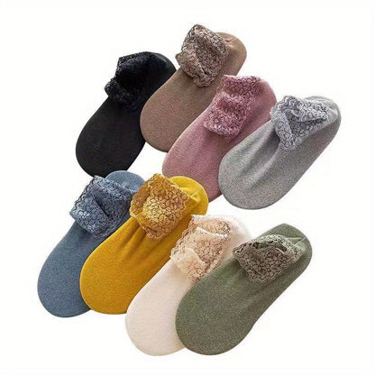 5 pairs of elegant lace trim ankle socks for women with non-slip silicone for warmth and coziness, made of 80% knitted polyester and 20% spandex. Machine washable. Ideal for seasonal