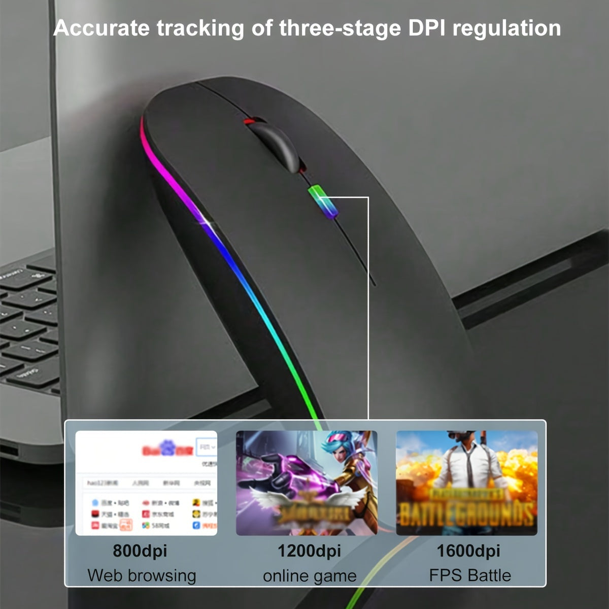 Dual mode wireless mouse for laptop and desktop with silent operation, RGB backlight, battery-powered, no charging function, operating voltage ≤36V.