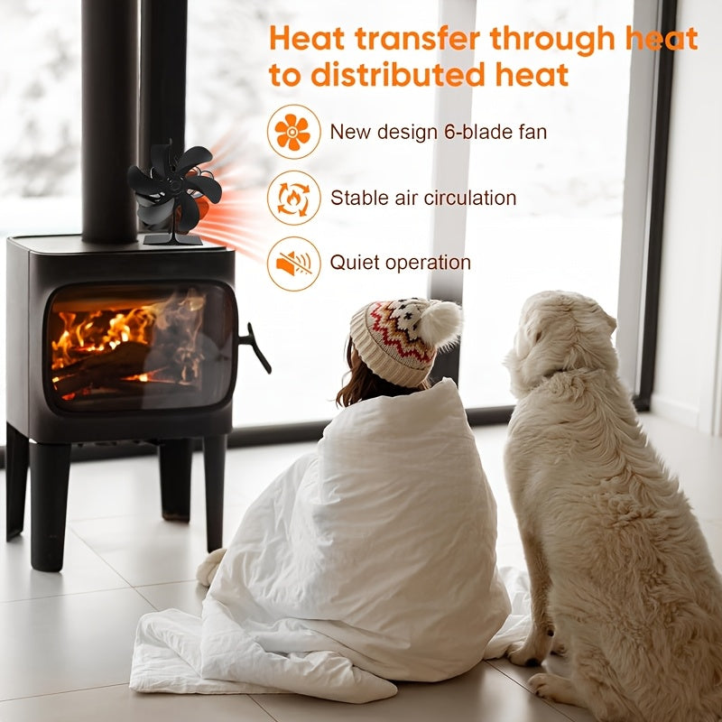 EcoPulse Heat Powered Wood Stove Fan - 1 Piece Set with 6-Blade Aluminum Blower, Silent High-Speed Operation, No Electricity Required, Complete with Various Components, Features Overheat Protection.