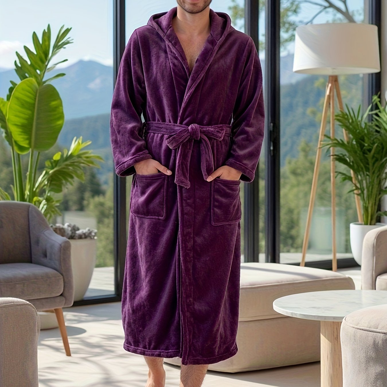 rongtai Men's Plush Fleece Hooded Bathrobe in Green with Side Pockets & Tie Belt, perfect for Autumn/Winter lounging.