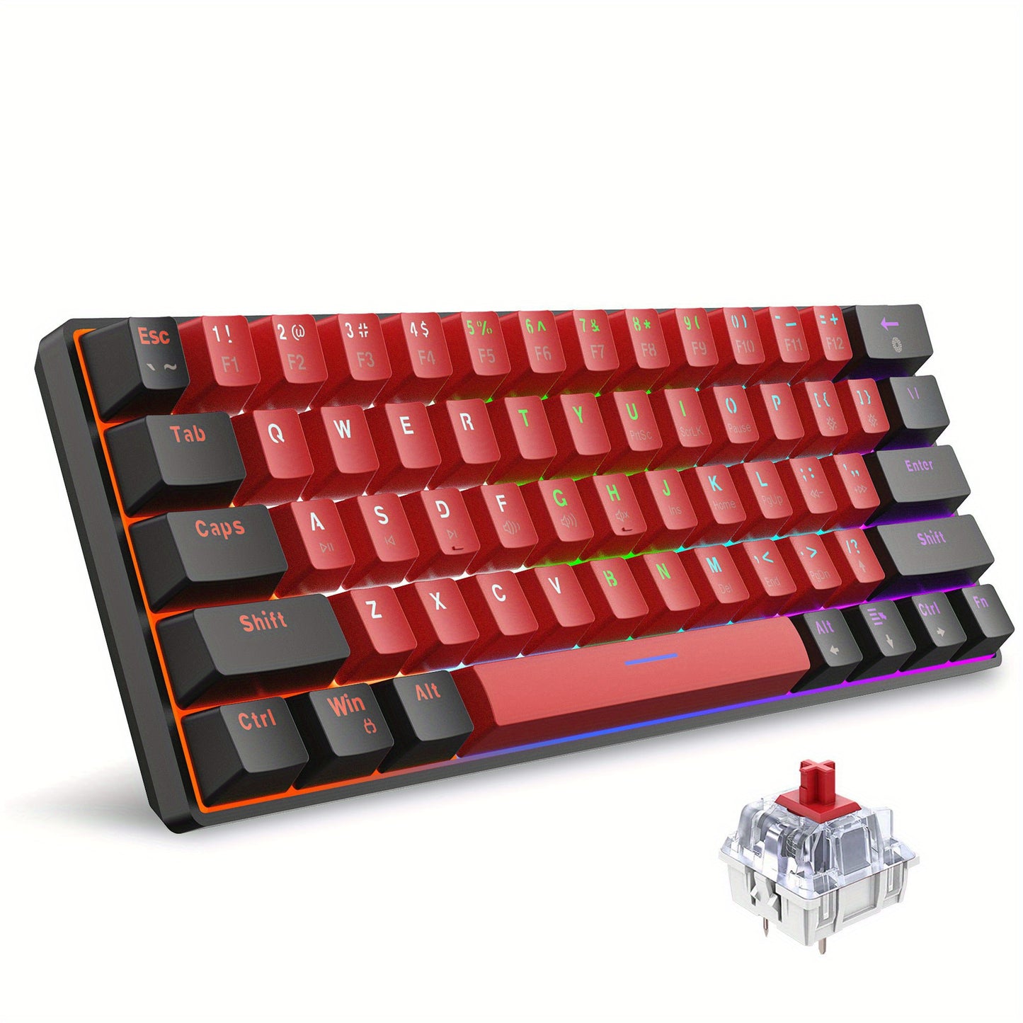 Snpurdiri 60% Mechanical Gaming Keyboard with LED Backlight, Blue and Red Switches, Portable Design