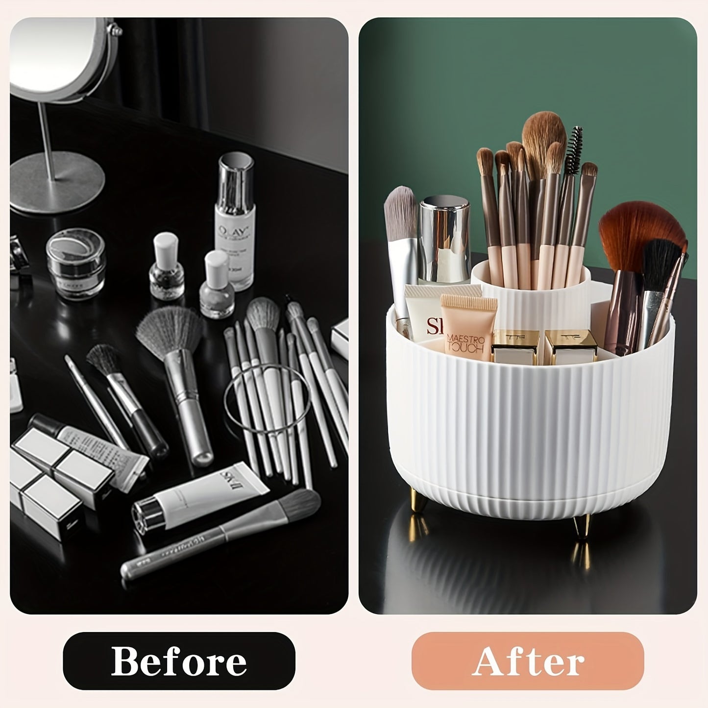 Makeup brush organizer with 360° rotation and 5 compartments for brushes, lipsticks, and stationery. Made of hypoallergenic plastic.