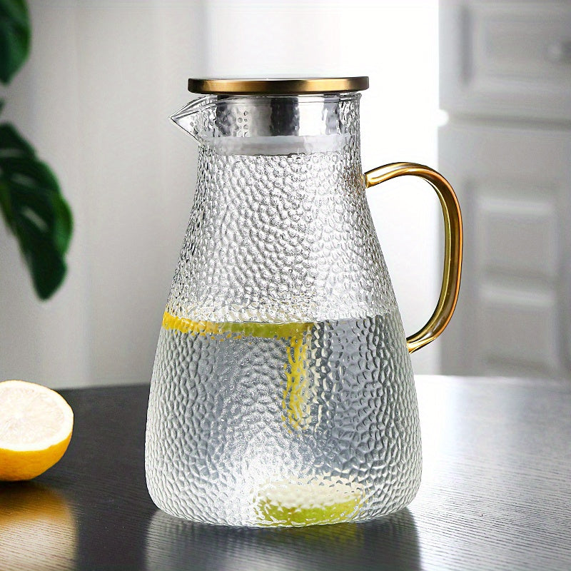 Durable and Elegant Glass Pitcher with Golden Handle - Perfect for Serving Cold Beverages, Tea & Water - Large Capacity, Heat-Resistant Carafe - Dishwasher Safe, Ideal for Home & Restaurant Use