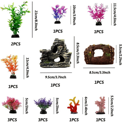 15pcs Fish Tank Decorations including resin broken barrel, cave rock view, and plastic plants