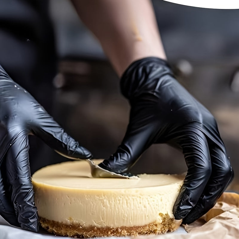 These black nitrile gloves are FDA compliant and safe for food handling. They are ambidextrous, waterproof, and free of powder and latex. These disposable gloves are thick and perfect for use in cooking, catering, baking, kitchen, and car maintenance.