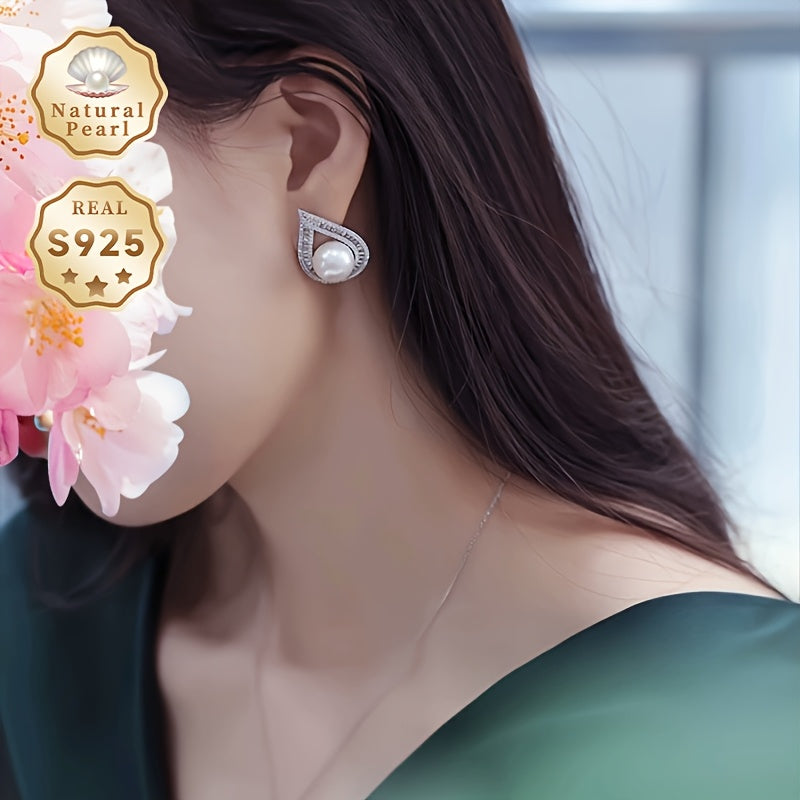 Elegant Vintage Freshwater Pearl Stud Earrings with Peacock Feather Design - Made of Natural Stone, 925 Sterling Silver, June Birthstone, No Plating, Sparkling Zirconia Inlay, Large 12-13mm Round Pearl, Perfect for Daily Wear and Gifting, Comes in a