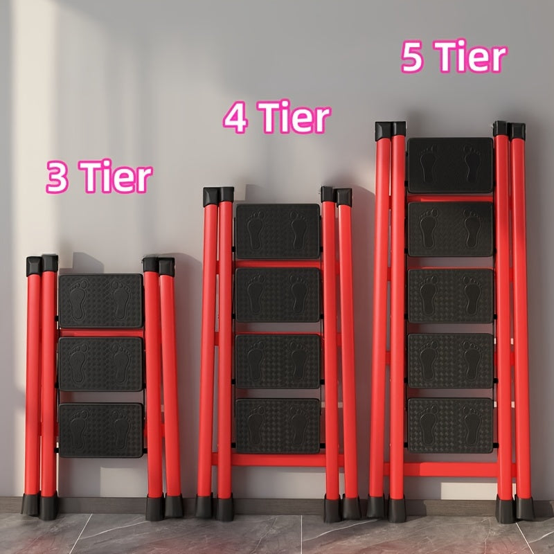 Multifunctional red folding ladder stool with wide non-slip pedals, lightweight and portable.