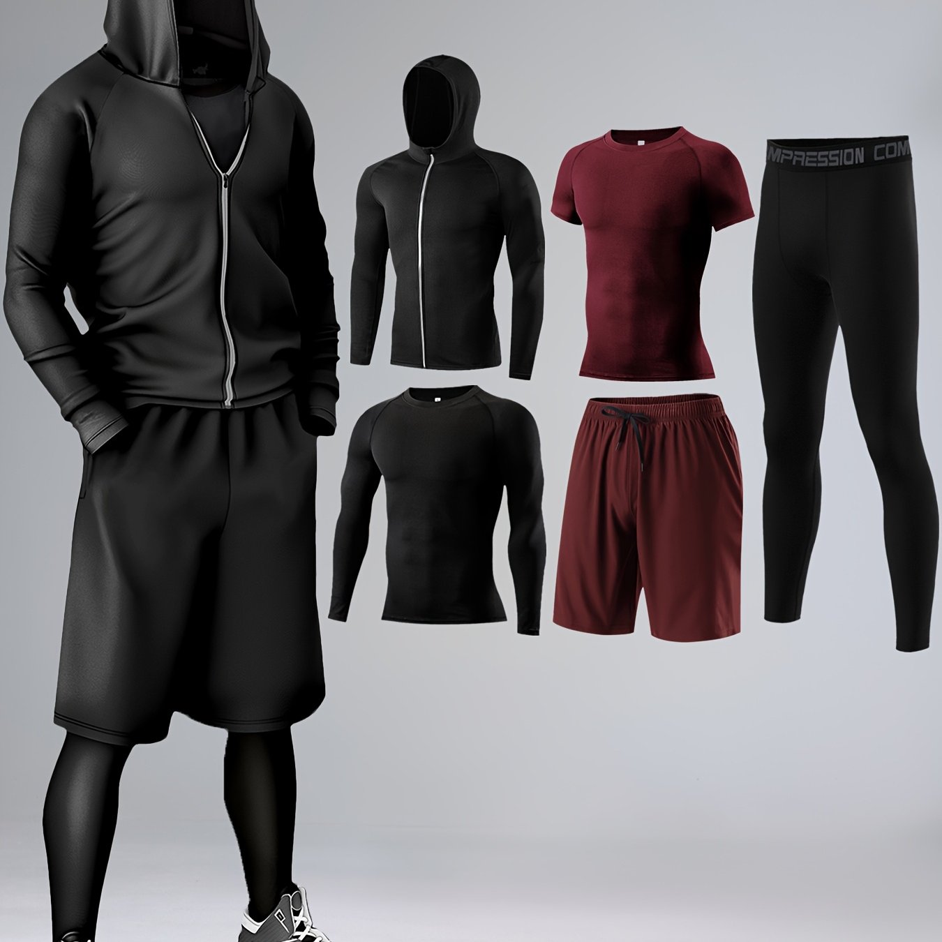 5-piece athletic sportswear set made of quick-dry knit polyester and elastane blend for all-season wear. Includes hoodie, t-shirts, shorts, and pants for various activities like running