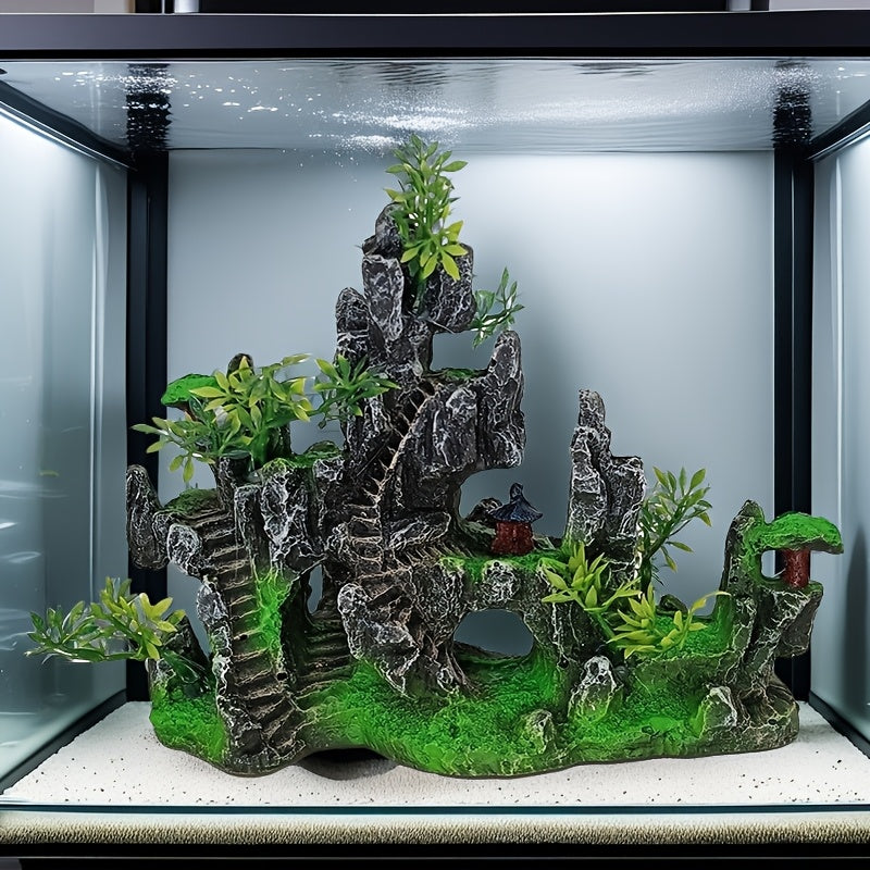 Resin rockery mountain design aquarium decoration with miniature plants and hardscape for fish tank landscape.