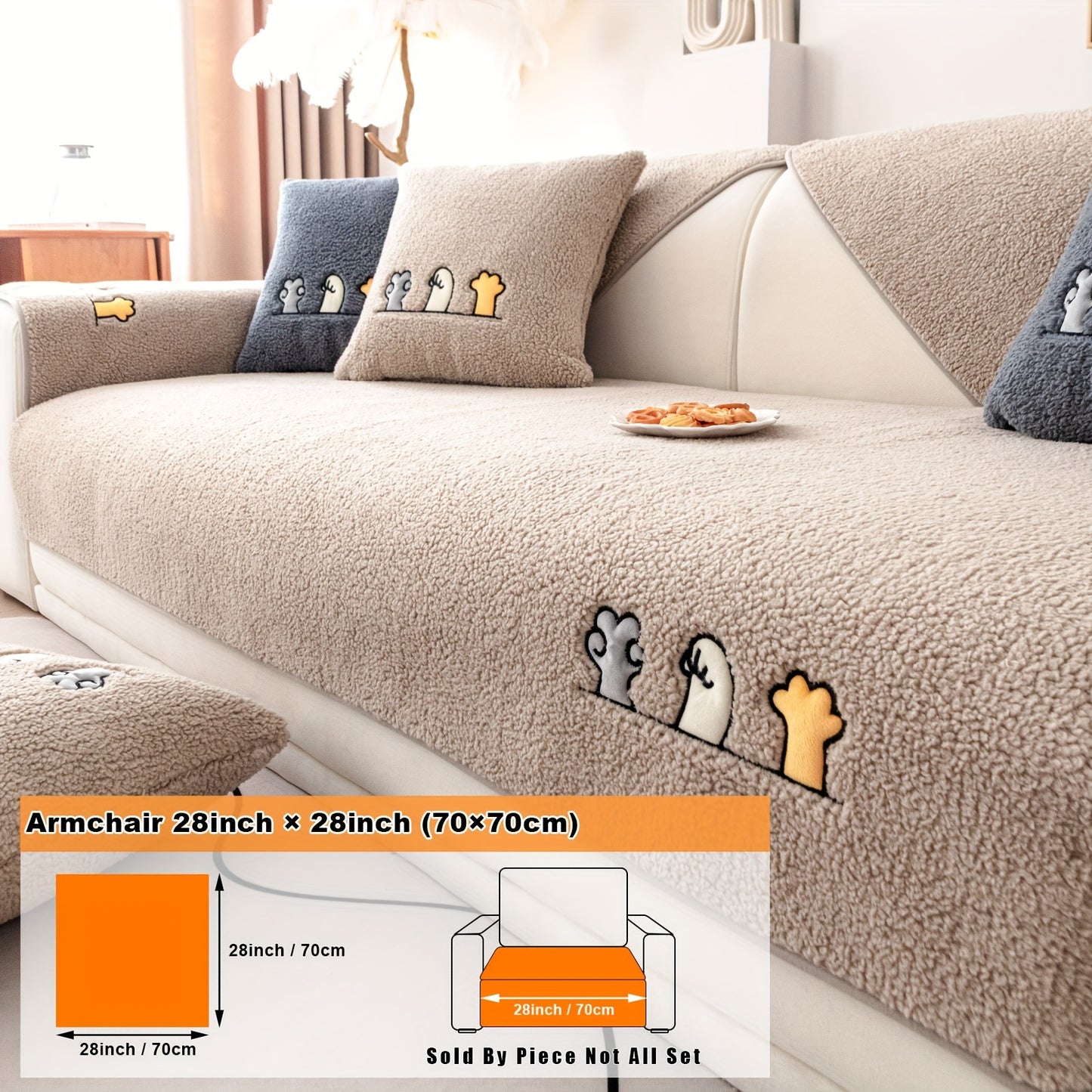 Modern plush sofa cover with paw pattern embroidery, non-slip protection for sofas, machine washable and suitable for various types of furniture.