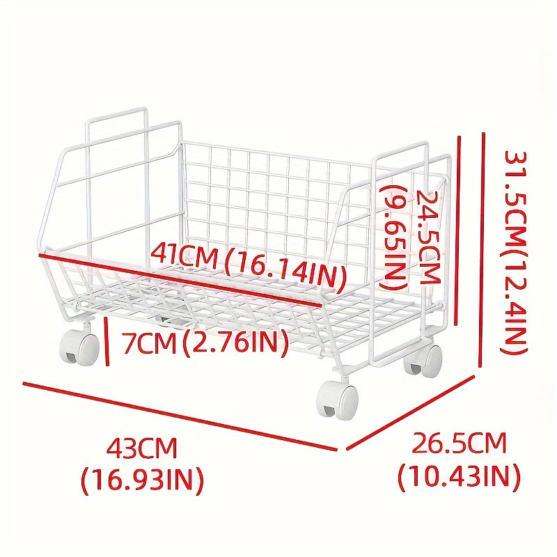 Spacious under-desk storage basket with wheels for backpacks and more. Sleek metal organizer with contemporary style, no electricity required.