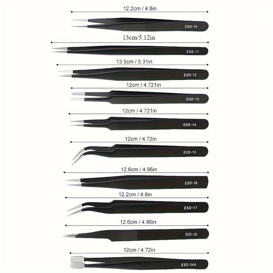 10-piece premium anti-static stainless steel tweezer set for precise tasks in home repair, model making, and electronics, featuring a durable and ergonomic design.