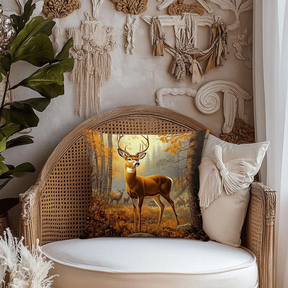 1 piece of stylish autumn elk forest scene cushion cover made of polyester. Features machine washable fabric, zipper closure, and is suitable for all seasons. Perfect for home decor and use by multi-position sleepers. Measures 45.01cm. *Cushion not