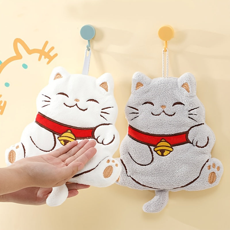 Cute Fortune Cat fingertip towel made of plush coral velvet, ideal for daily use in kitchen or bathroom, with hanging design.