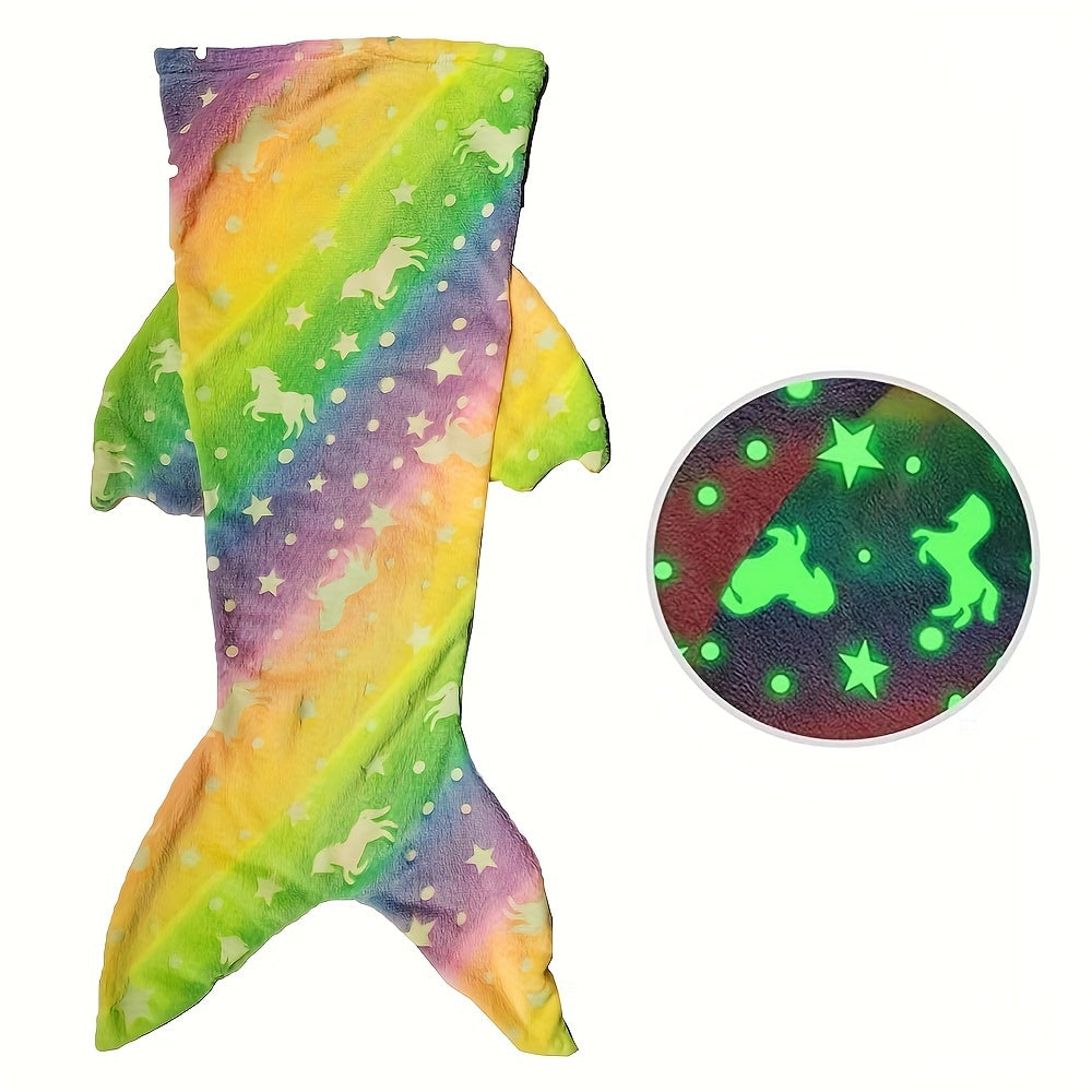 Soft Flannel Rainbow Blanket for Cozy Bedtime Comfort featuring a Glow-in-the-Dark Mermaid Starry Night Print.