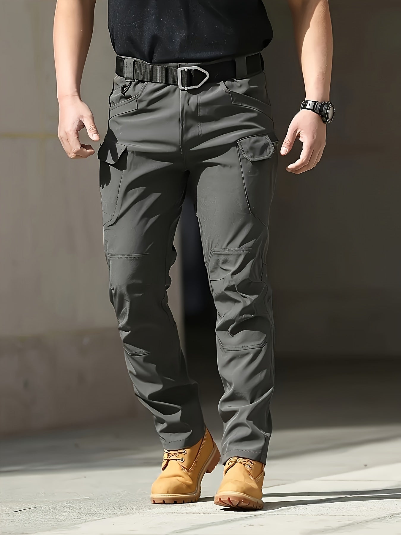 Men's Tactical Cargo Pants in Dark Gray for outdoor and hiking activities, made of durable lightweight polyester with multi-pocket design. Casual military style, machine washable for