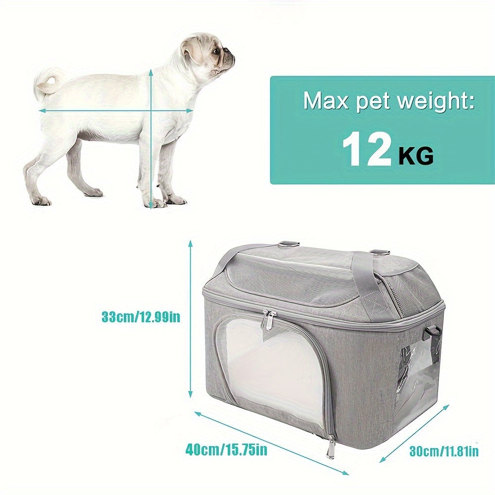 Durable polyester pet carrier bag in cozy gray, ideal for dogs and cats with zipper closure.