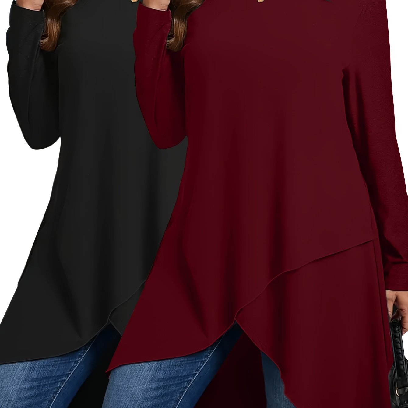 2 Solid Color Long Sleeve T-shirts, Polyester Tops with Crew Neck and Slight Stretch for Women's Spring/Summer/Fall attire.