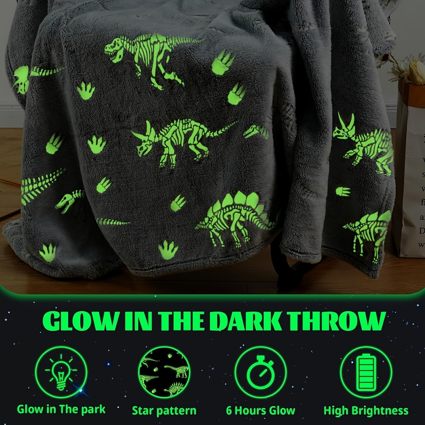 This Glow in the Dark Dinosaur Flannel Throw Blanket is perfect for all seasons, providing soft and comfortable warmth. It is suitable for use on the sofa, bed, car, or in the office. Made of machine washable polyester with a weight of 250-300gsm, this