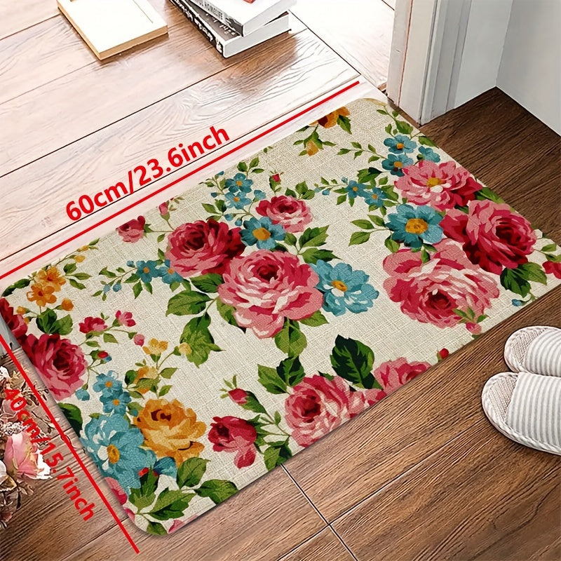 Polyester kitchen mat with floral design is non-slip, oil-proof, and waterproof. Machine washable and dirt-resistant, suitable for various rooms. Water-absorbing and decorative floor mat.