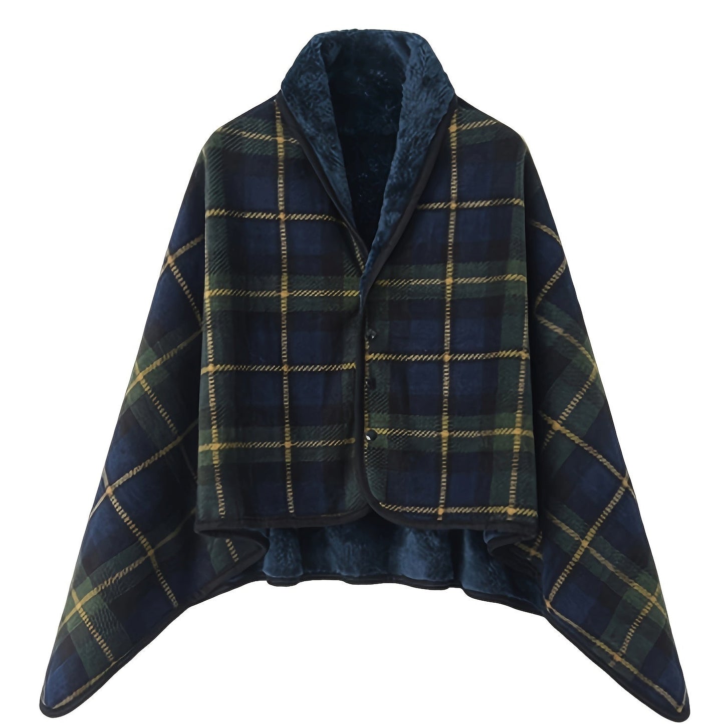 One piece versatile shawl blanket featuring a double layer of thick, plaid patterned polar fleece ideal for autumn and winter. Perfect for office use, this wearable blanket with legs is great for lounging on the couch or sofa.