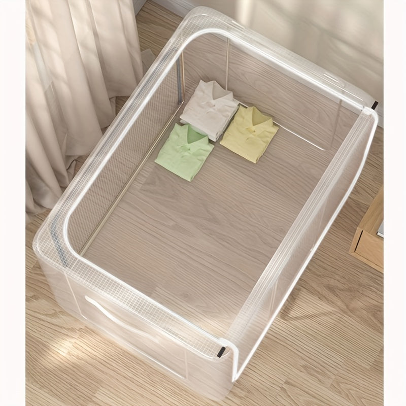 Large capacity clothes storage box with steel frame, perfect for organizing seasonal clothes. This folding storage box is ideal for storing quilts and other household items, keeping them waterproof and moisture-proof in your wardrobe. A must-have