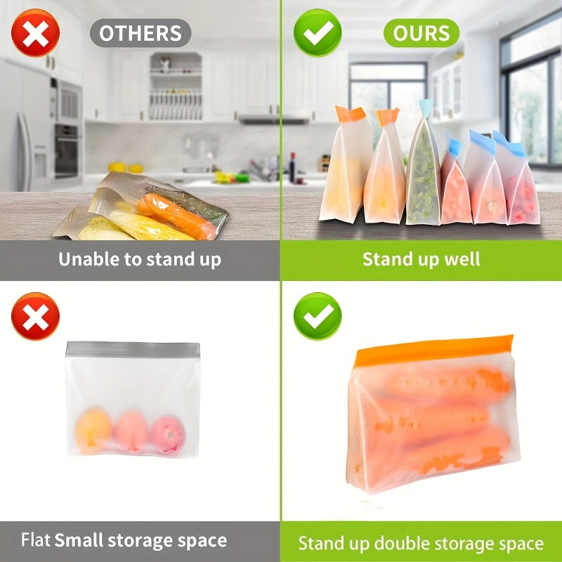 Get a pack of 1 Set Reusable Food Storage Bags made of leak-proof PEVA plastic with a square clip-on closure. Easy to hand wash, these bags are multipurpose for travel or home use. The set includes a 3.79 L bag, 1 sandwich bag, and 1 snack bag, all