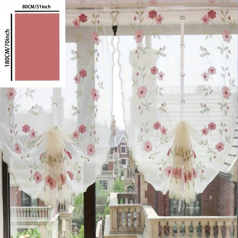 Roman curtain with elegant red flower embroidery, suitable for living room, bedroom, and kitchen. Ideal for adding a touch of sophistication to your indoor cafe kitchen decor.