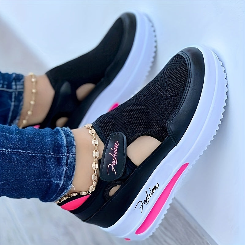 Breathable mesh women's sneakers with slip-on platform design, ideal for sports and tennis. Black with white and pink accents, low-top silhouette with comfortable fabric interior. Versatile