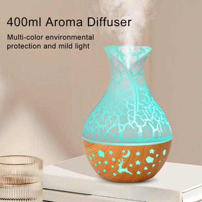 New 150ml vase-shaped air humidifier with hollow wood grain design, LED light, and small night light. USB-powered and automatic shut-off. Ideal for office, home, or bedroom.