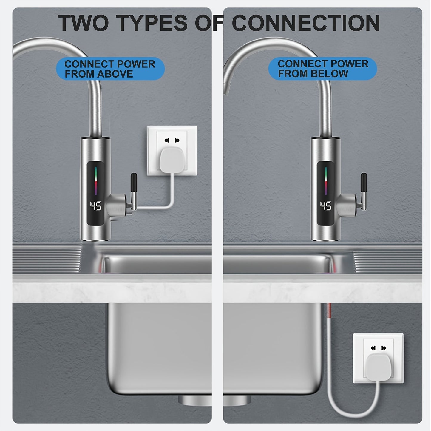 Sleek stainless steel hot water tap with LED display, 3000W power, overheat protection, dual hot/cold mode, ideal for kitchen & bathroom, European plug included.