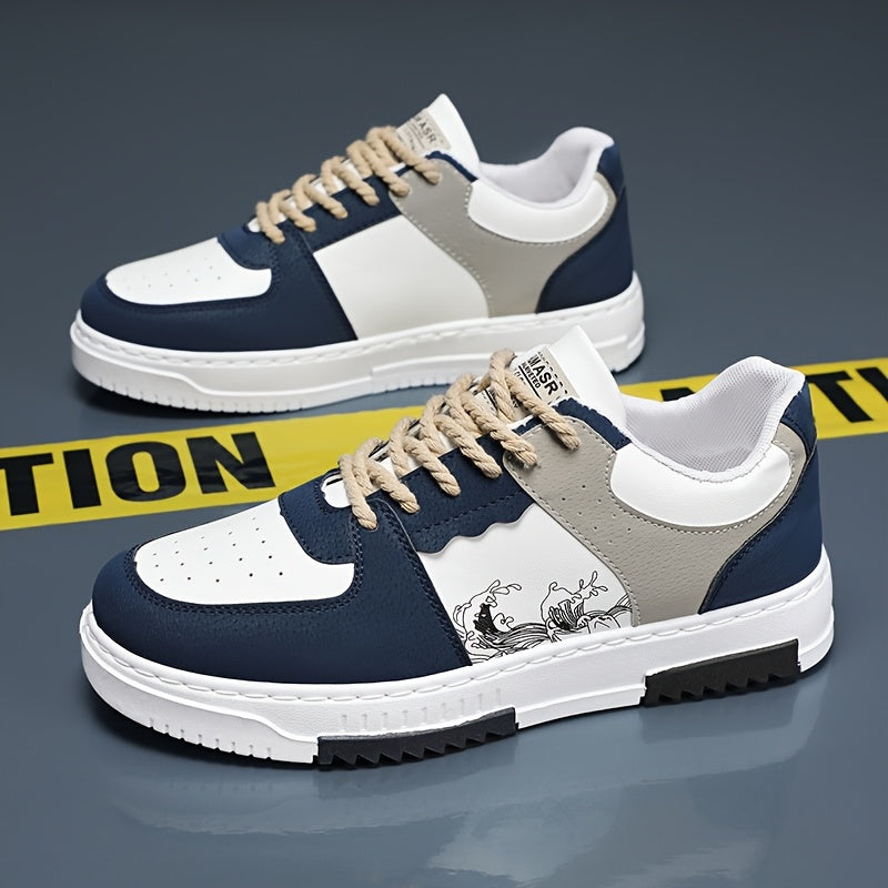 Vintage preppy men's sneakers with thick, non-slip sole and cartoon pattern design, perfect for outdoor activities.