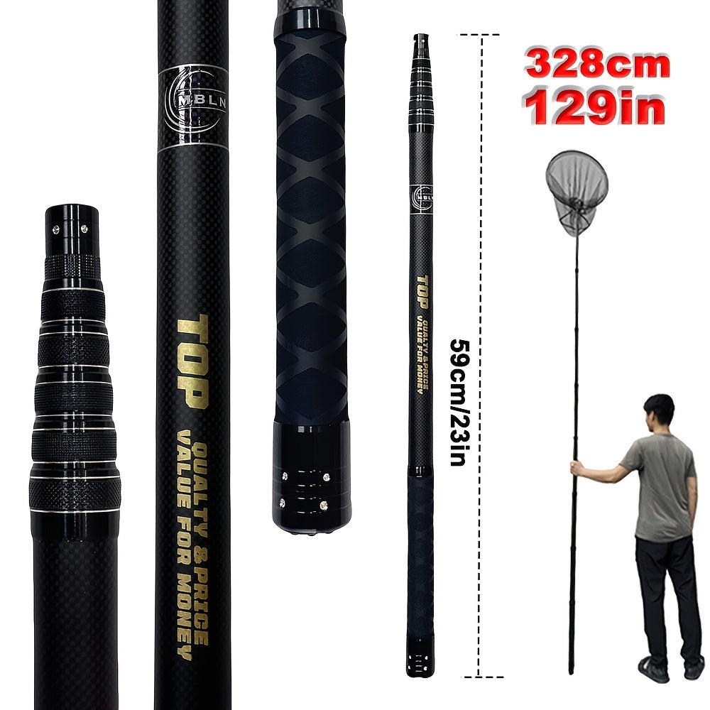 Telescopic portable net set with ultra-short design and anti-slip handle. Made with carbon cloth material pole and dense hole nylon net. Features a universal connection port and can be