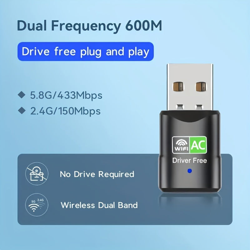 USB tarmoq adapteri, ikki diapazonli 600Mbps simsiz tarmoq kartasi, drayversiz ulash va o'ynash, XP/Win7/8/8.1/10/11 bilan mos keladi.