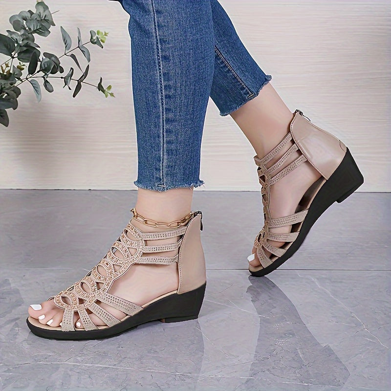 Women's platform wedge sandals with soft soles and rhinestone embellishments.