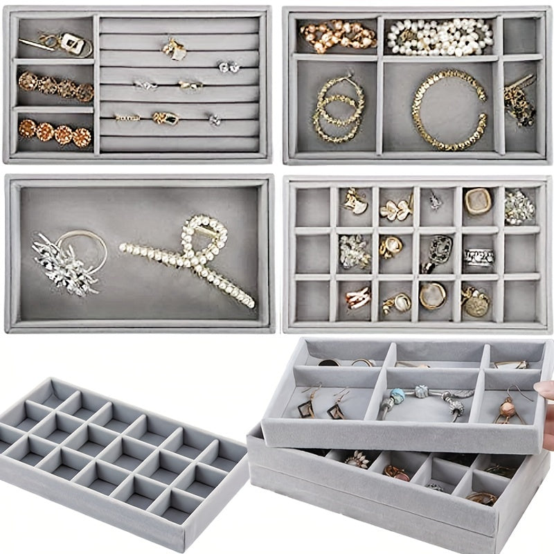 Velvet jewelry tray, display stand, and stackable storage box for earrings, rings, and necklaces.