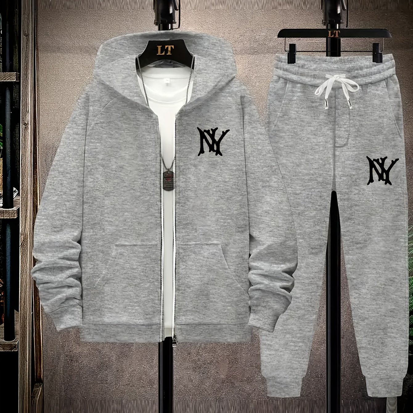 Plus size jacket set with NY letter prints, hooded cardigan, and matching drawstring fleece pants for autumn and winter.