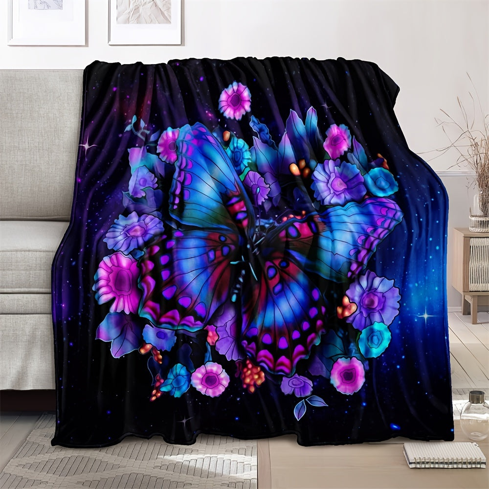 One piece of a purple floral butterfly blanket with digital printing, made from cozy lightweight flannel material perfect for sofa, bed, travel, and camping. This fleece throw blanket is ideal for living rooms, offices, couches, chairs, and beds.