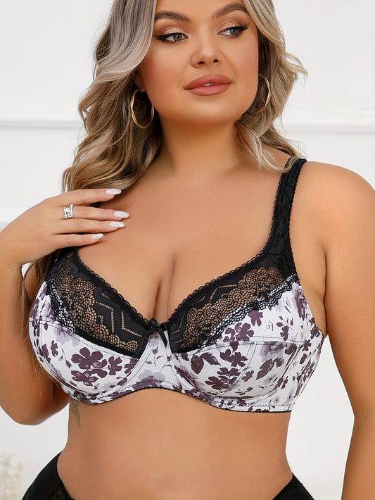 Plus Size Lace Bra with Floral Print, Underwire and Bow Detail, Stretch Fabric - Women's No-Pad Brassiere.