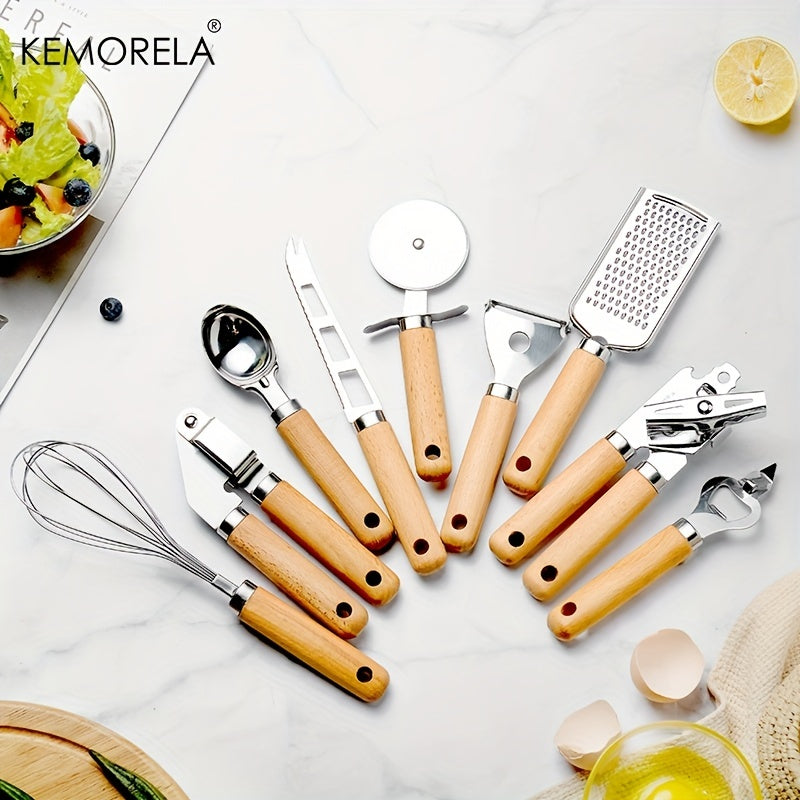 Set of 9 kitchenware pieces with wooden handles, including a stainless steel can opener, garlic press, cheese knife, grater, bottle opener, ice cream scoop, pizza cutter wheel, melon grater, egg beater, and other kitchen gadgets.