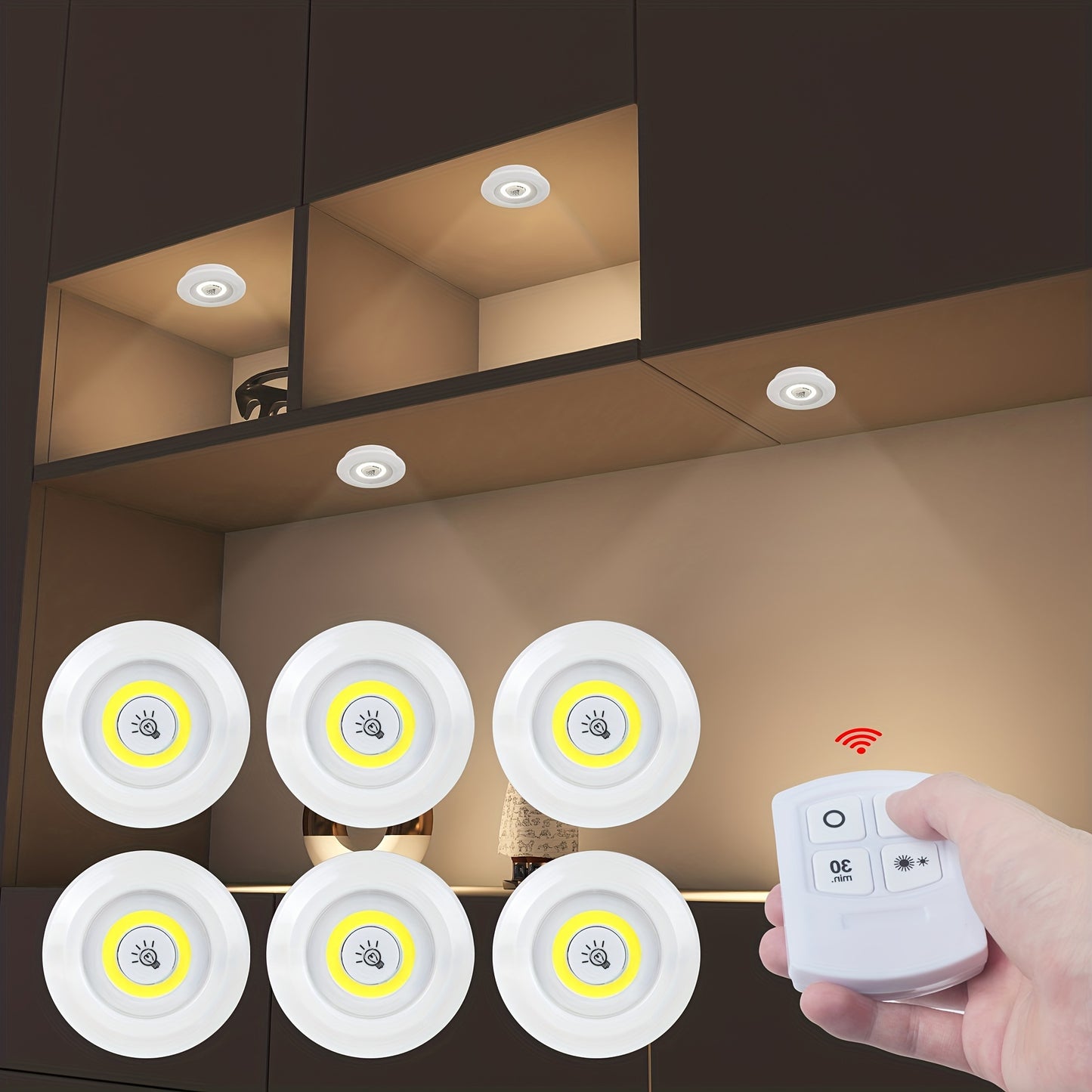 Set of 6/3/2 wireless LED cabinet lights with remote control. Perfect for wardrobe or kitchen COB night lighting.