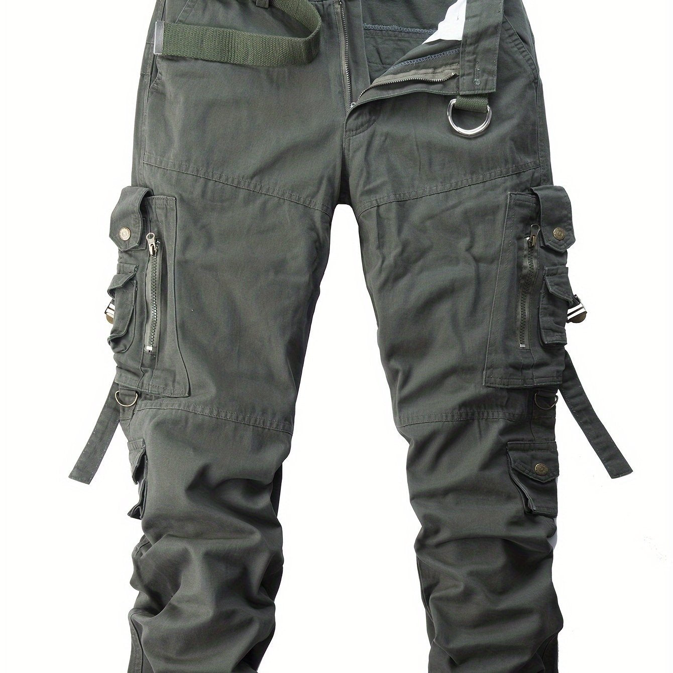 Men's vintage heavy-duty cotton cargo pants with multiple pockets, zipper fly, and loose fit for all-season work wear.