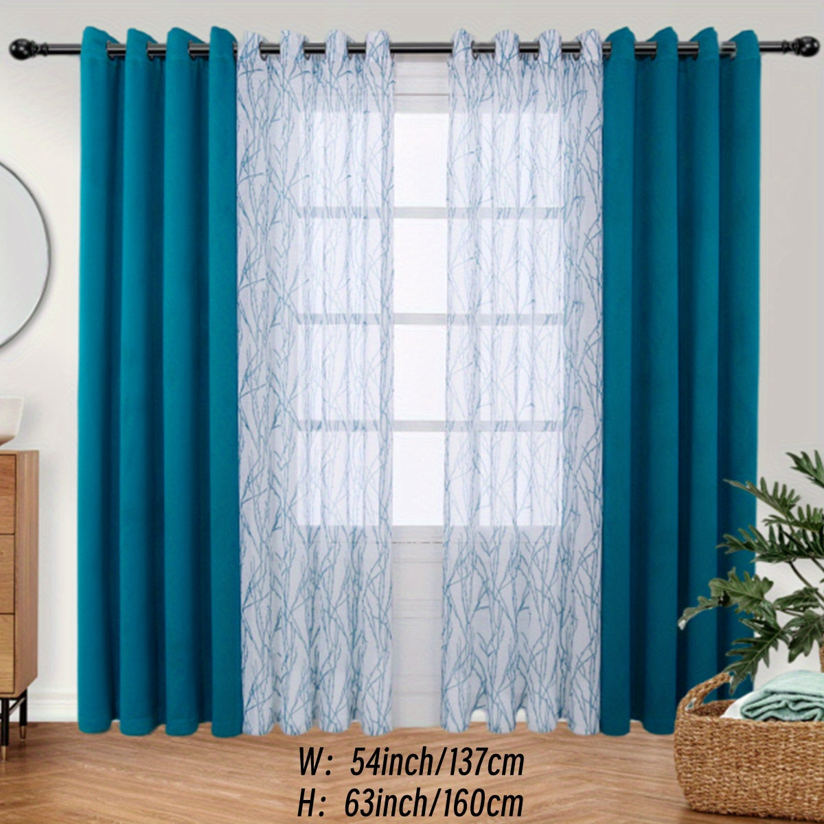 Pair of Curtains for Bedroom or Living Room - Includes 1 Sheer Branch Print Curtain and 1 Blackout Curtain, Grommet Style, 54x84 Inch Each, Dark Gray, Set of 2 Panels