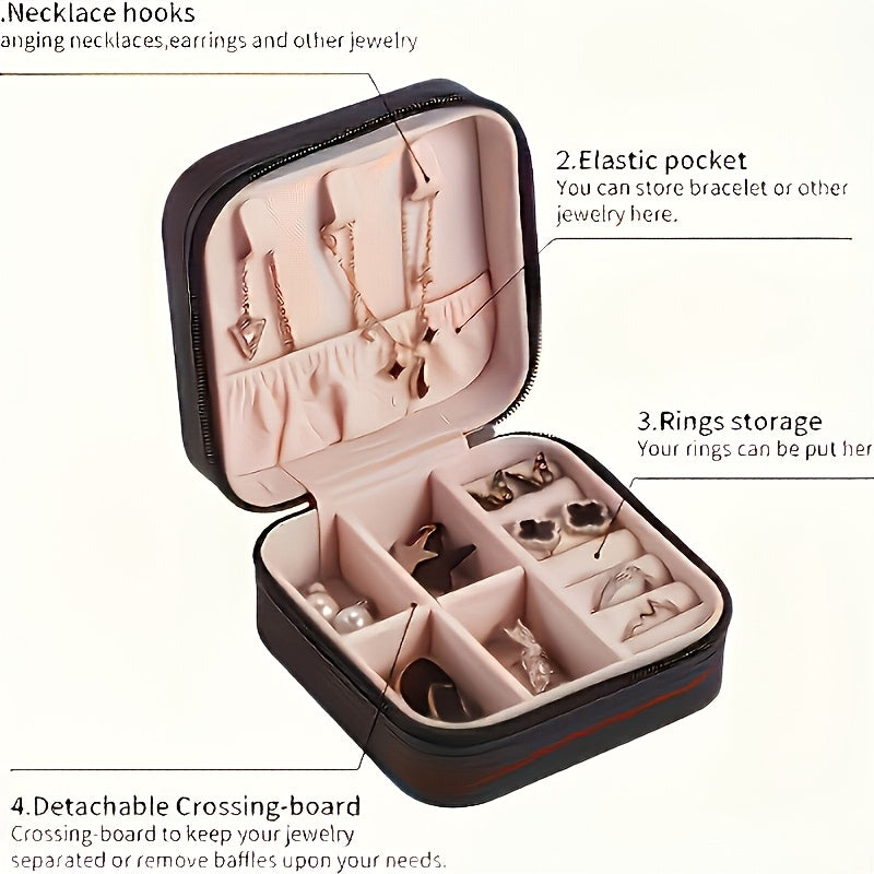 Compact faux leather jewelry organizer box for travel, with compartments for necklaces, earrings, and rings, featuring a modern design and snap closure.