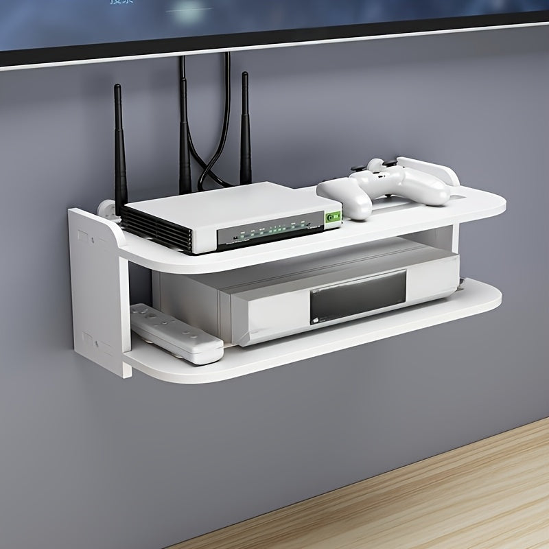 2-tier wall-mounted rack with cable management for routers and set-top boxes - no drilling required.