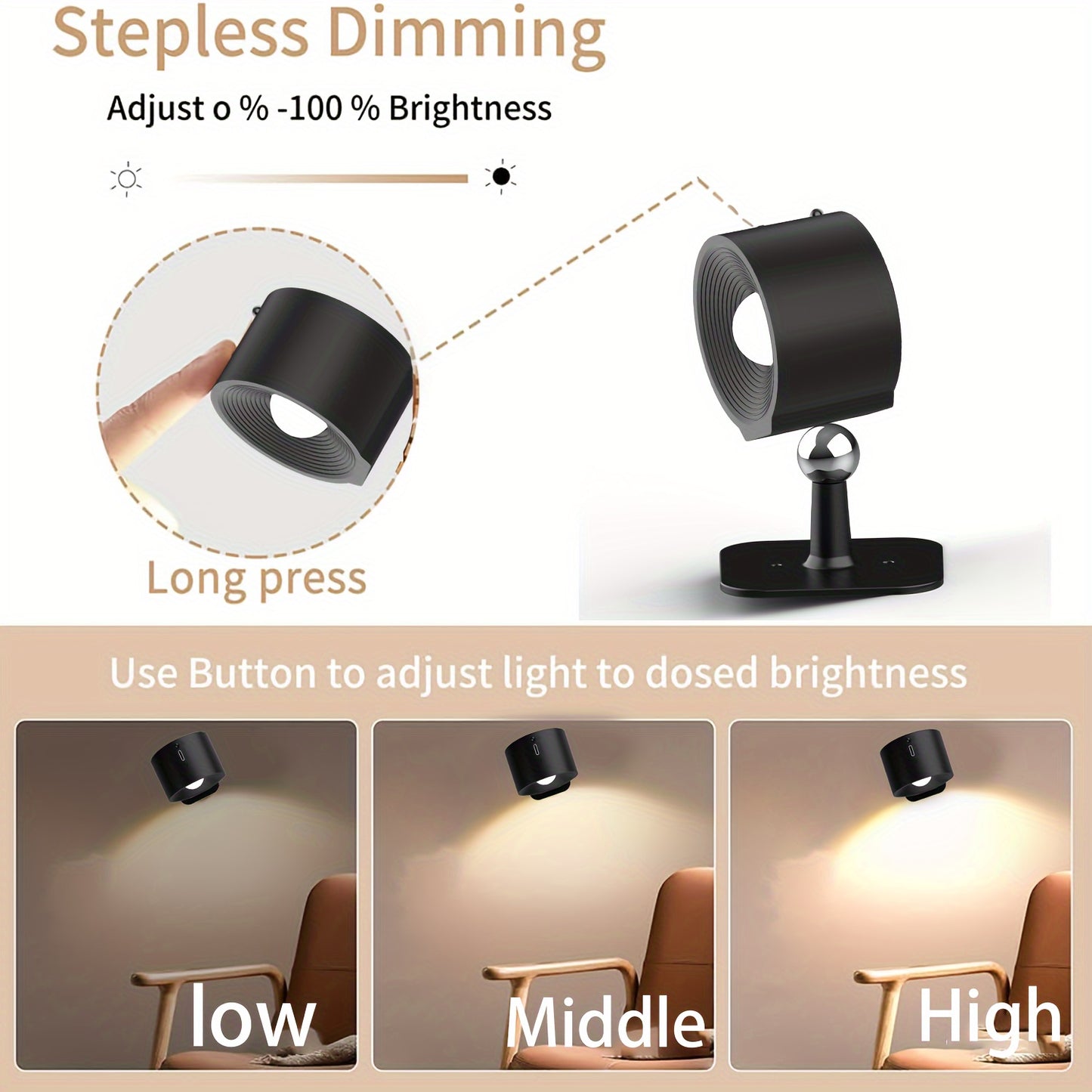 1 or 2 LED Wall Lights with rechargeable battery, adjustable brightness levels and color temperatures, touchpad control, USB charging, 360° rotatable magnetic ball, non-waterproof. Ideal