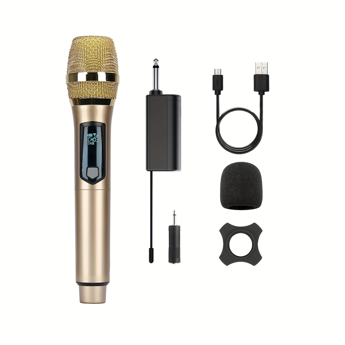 Universal wireless microphone with dual channels, rechargeable, plug-and-play, suitable for various uses such as karaoke, speeches, weddings, church services, and public address systems.