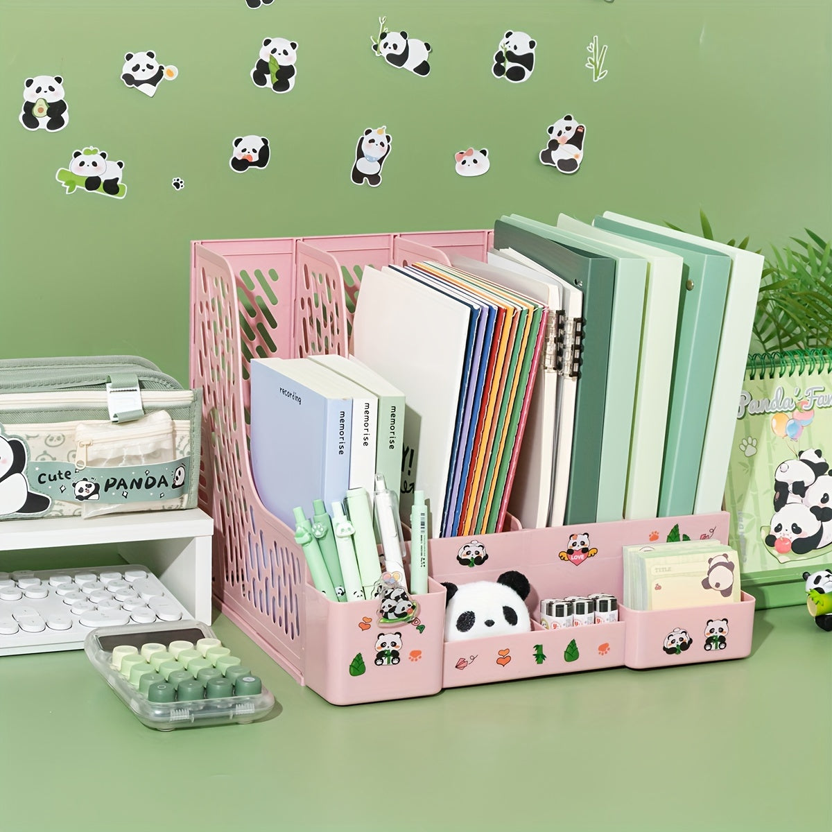 Desktop file organizer with panda theme, 4 slots and detachable tiered shelves for office storage. Made of PP material.