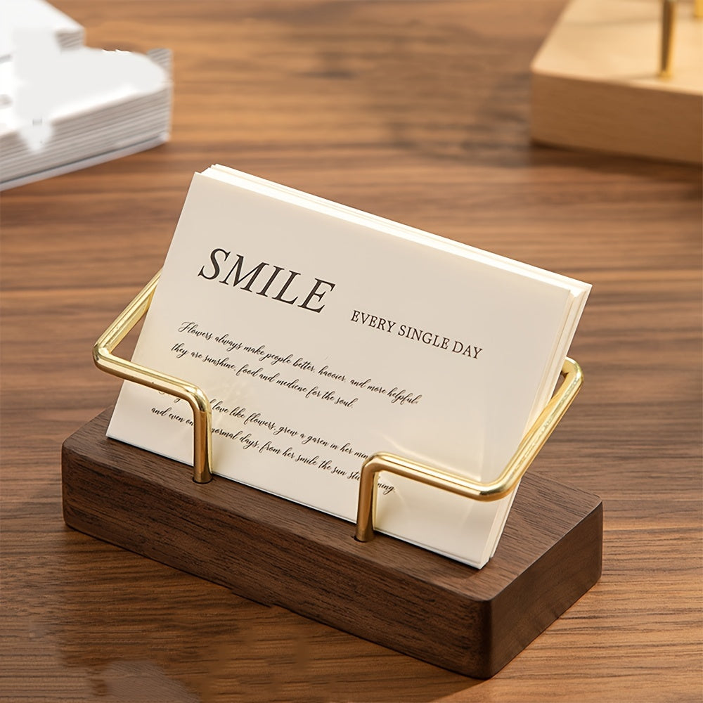 Elegant desktop business card holder made of black walnut and beech wood, ideal for business gifts.