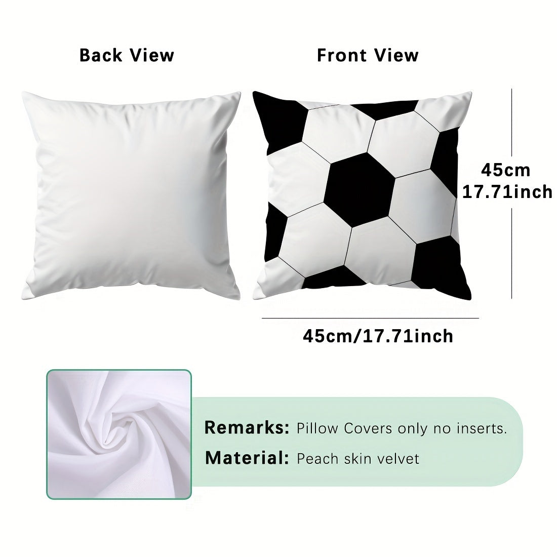 Soccer ball print pillow cover, soft polyester, 45x45cm, black & white hexagonal design, zipper closure, machine washable. Perfect for sofa, bedroom, and living room décor. Ideal for couch pillows.